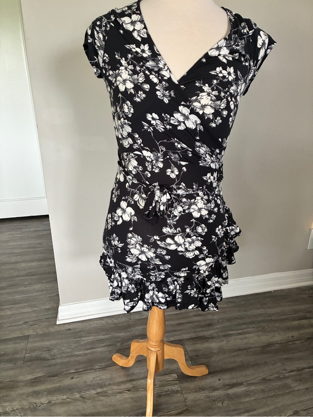 Rebel Sugar Black & White Floral Wrap Mini Dress